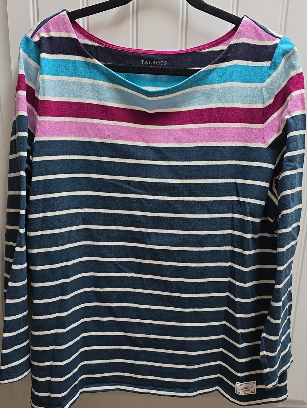 Talbots Navy Striped Long Sleeve Top with Pink & Aqua Accents 2X